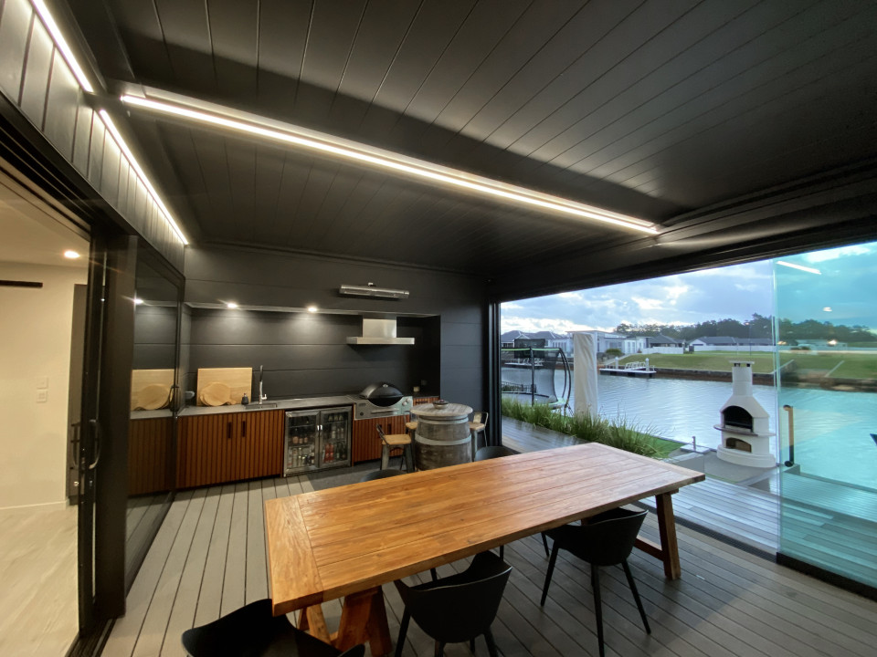 Sunfold retractable louvre roof closed evening
