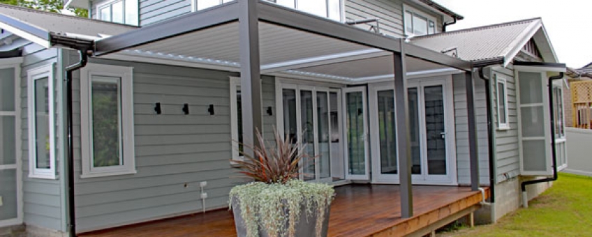 Twin bay Bask louvre roof fitted on large outdoor deck NZ